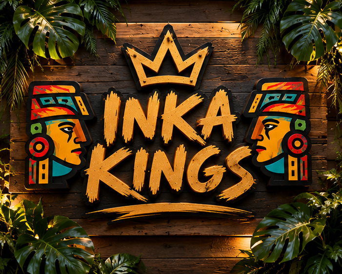 Approved Inka Kings brand artwork with a golden crown, colourful Inka faces and rustic timber