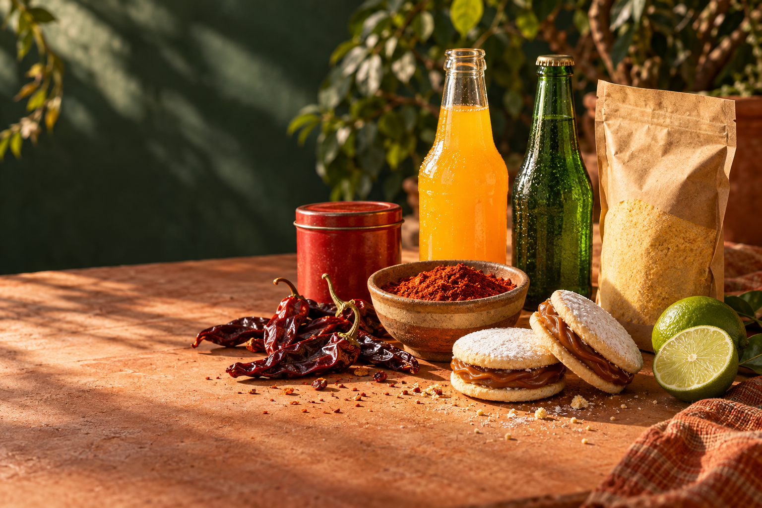 Latin American pantry inspiration: colourful drinks, alfajores, spices and dried chillies on a warm rustic table